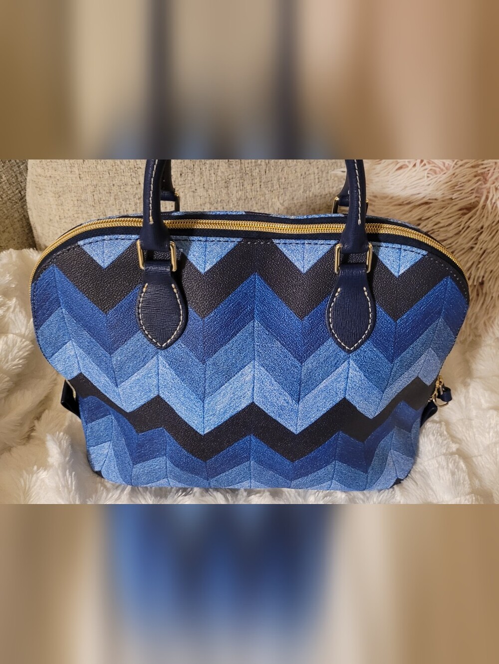 Dooney & Bourke Navy and Denim Chevron Satchel EUC - Picture 2 of 16